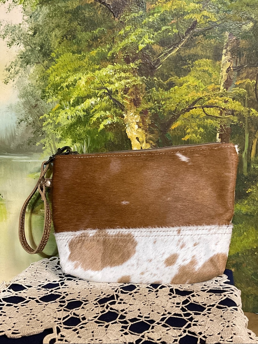 Cowhide Two-Tone Wristlet Clutch - Brown & White